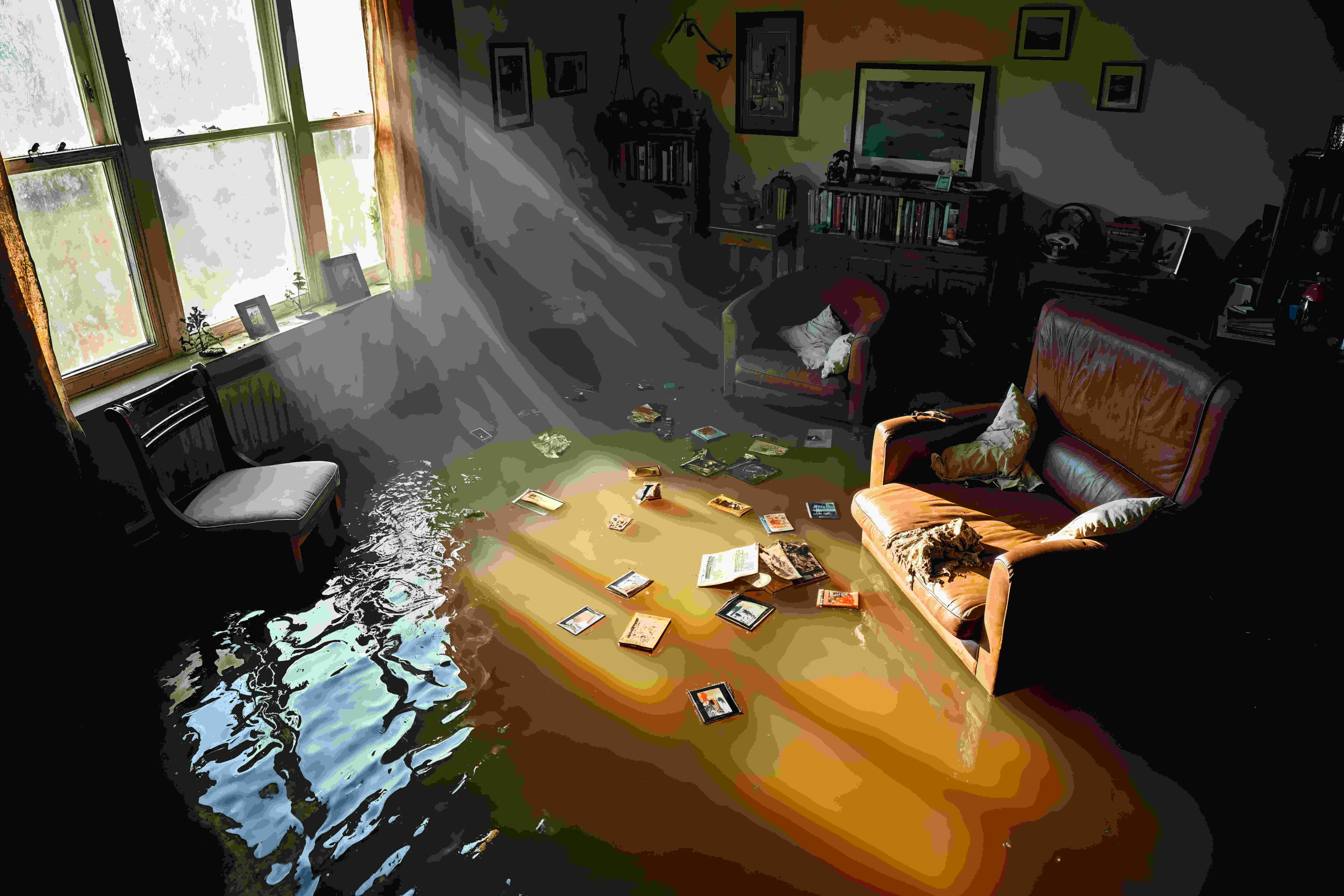 Überflutetes Wohnzimmer mit treibenden Büchern im Sonnenlicht.